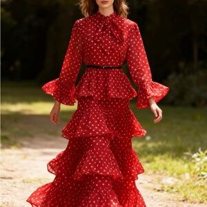 Luxury Red Polka Dot Ruffle Dress